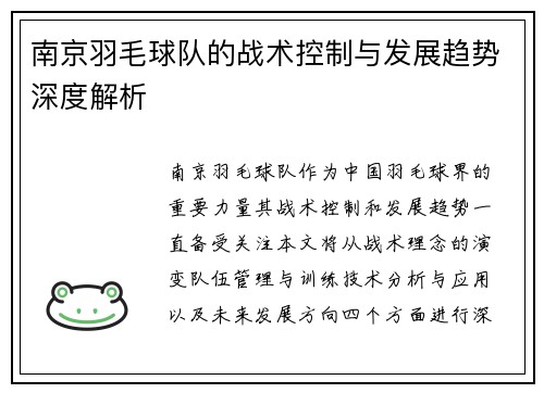 南京羽毛球队的战术控制与发展趋势深度解析