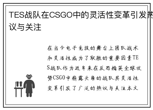 TES战队在CSGO中的灵活性变革引发热议与关注