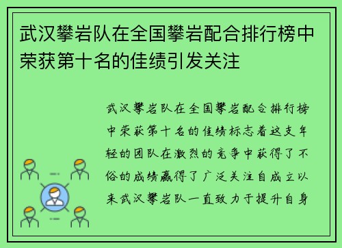 武汉攀岩队在全国攀岩配合排行榜中荣获第十名的佳绩引发关注
